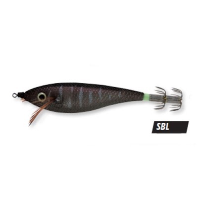 Isco de pesca artificial preto e castanho com anzóis e padrão listrado