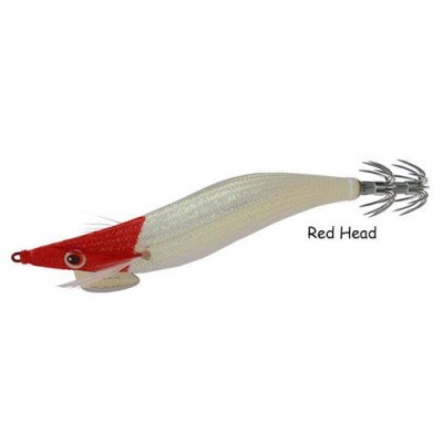 Isca de pesca artificial forma de lula com cabeça vermelha e corpo branco translúcido.