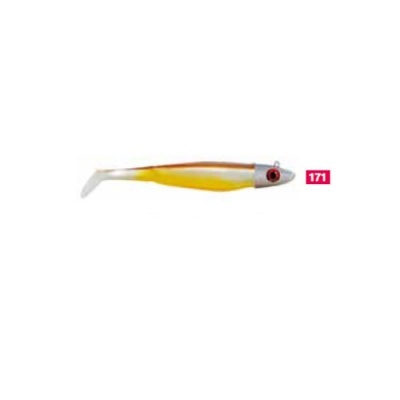 Isca artificial para pesca amarela, branca e cinzenta com olho vermelho e número 171