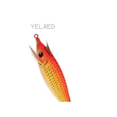 Isca de pesca amarela e vermelha com olhos negros