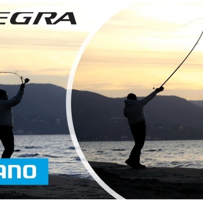 Pessoas a pescar ao pôr do sol com texto ULTEGRA e logo SHIMANO