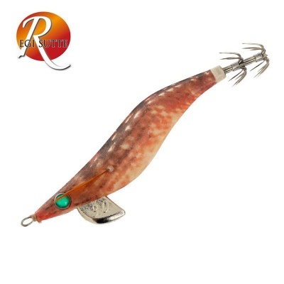 Isca de pesca em forma de lula castanha com anzóis e logótipo