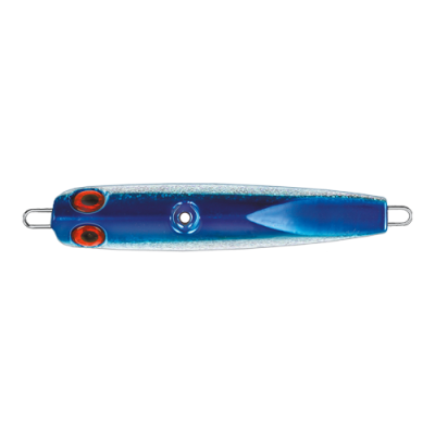 Isaca de pesca azul metálica com olhos vermelhos e pretos e anéis de metal em ambas as extremidades