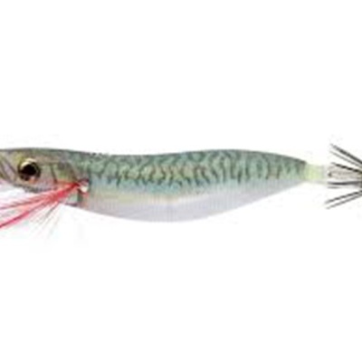 Isca artificial em forma de lula cinza e verde com anzóis múltiplos e penas vermelhas