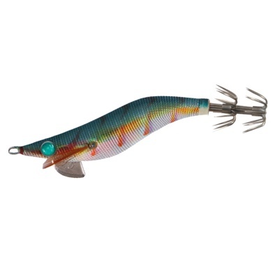 Isca artificial para pesca em forma de camarão azul, branco e laranja com anzóis.