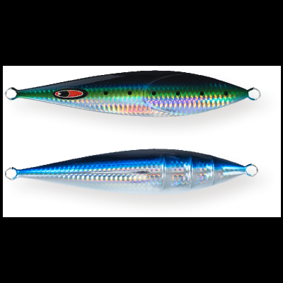 Duas amostras metálicas de isco de pesca com acabamento holográfico colorido e prateado.