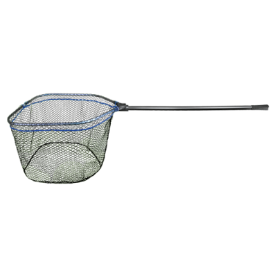 Rede de pesca preta com estrutura azul e pega preta