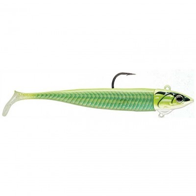 Isca de pesca artificial verde com anzol preto e barbela translúcida na cauda