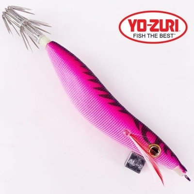 Isca de pesca rosa e preta com ganchos múltiplos e logotipo Yo-Zuri