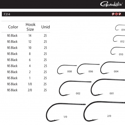 Tabela de anzóis Gamakatsu F314 em vários tamanhos e cor NS Black