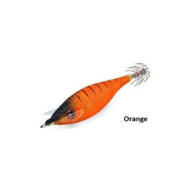 Isca de pesca em forma de lula laranja e preto com tentáculos sintéticos em fundo branco