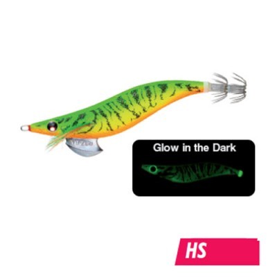 Isca de pesca em forma de lula verde e laranja com padrão listrado