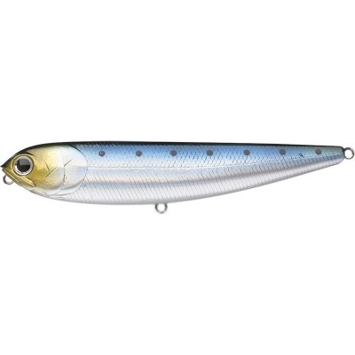 Isca de pesca com corpo azul e prateado em forma de peixe