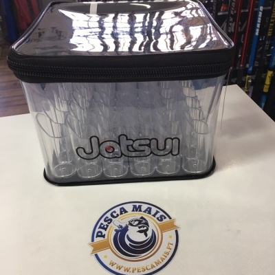 Bolsa transparente para pesca com tampa preta e fecho, com tubos internos e texto Jatsui