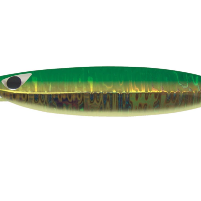 Isca de pesca metálica verde e dourada com padrão holográfico e olho desenhado