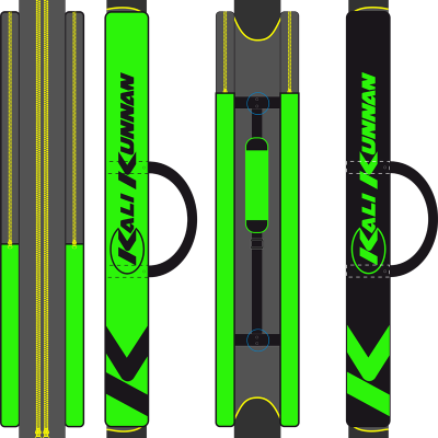 Bolsa longa preta e verde neon com texto KALI KUNNAN e zíperes amarelos