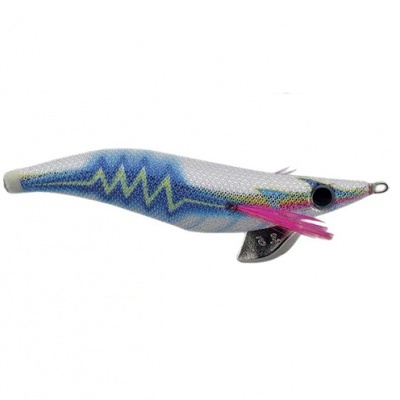 Isca artificial para pesca prateada e azul com padrão amarelo e detalhes cor de rosa