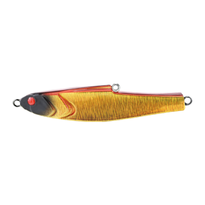 Isco de pesca amarelo com cabeça preta e olhos vermelhos