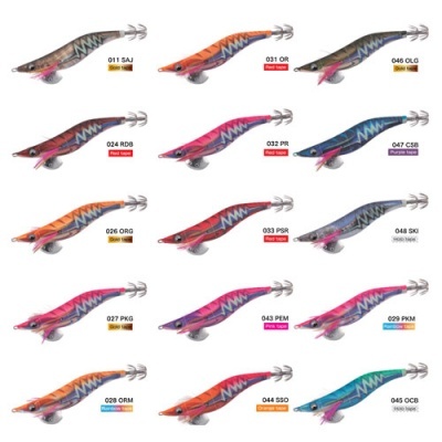 Doze iscas artificiais coloridas para pesca com códigos e nomes das cores.