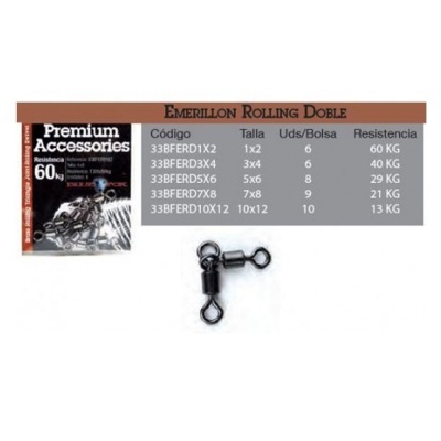 Emerillon Rolling Doble acessório metálico prateado para pesca com tabela de especificações.