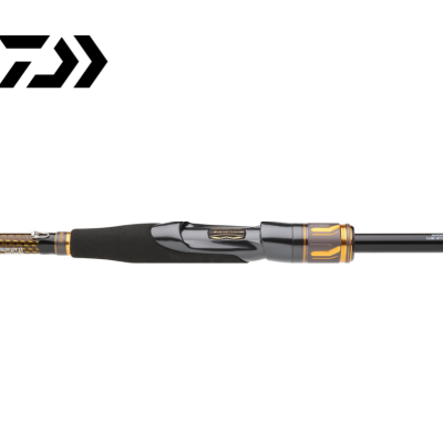 Cana de pesca preta com detalhes dourados e cinza e punho de espuma preta