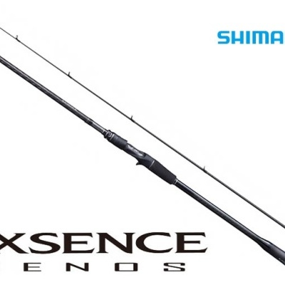 Cana de pesca preta em dois segmentos com texto EXSENCE GENOS e logo SHIMANO