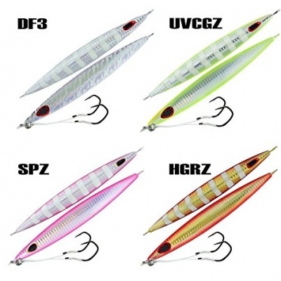 Quatro pares de iscas para pesca coloridas com anzóis tripos e rótulos DF3, UVCGZ, SPZ, HGRZ