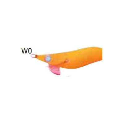 Isco de pesca em forma de lula cor laranja com olhos azuis e barbela rosa