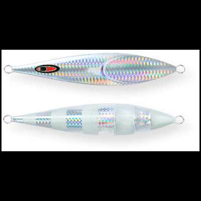 Dois anzóis metálicos holográficos para pesca, um prateado com detalhe oval, outro branco com faixas holográficas.