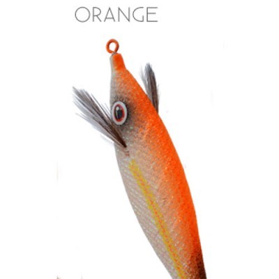 Isca de pesca artificial laranja com olhos e penas