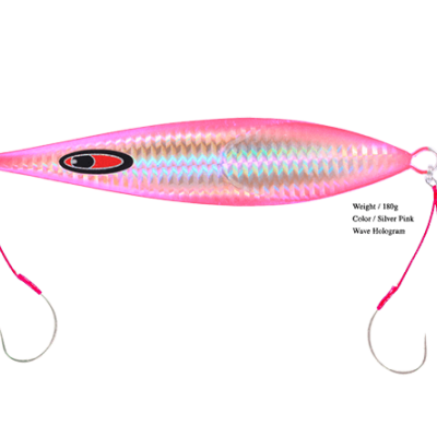 Isca de pesca metálica rosa iridescente com anzóis e cordões cor-de-rosa