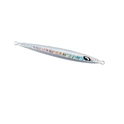 Isca de pesca metálica prateada com padrão holográfico