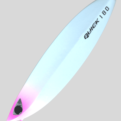 Isca de pesca metálica branca e rosa com texto BUYCK 180