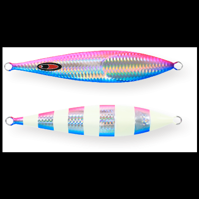 Dois anzóis metálicos holográficos para pesca, um azul e rosa com olho preto e outro branco e azul com riscas.