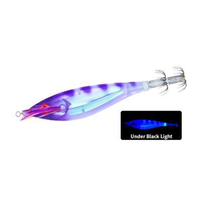 Isca de pesca azul e lilás com anzóis e efeito sob luz negra