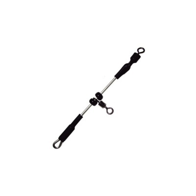 Barra de exercício preta e metálica com pegas em espuma