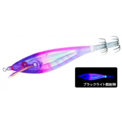 Isca de pesca roxa translúcida com olhos vermelhos e anzóis múltiplos