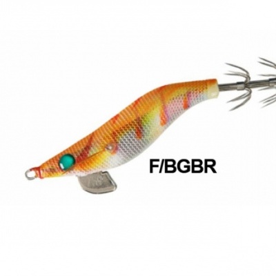 Isca de pesca laranja e bege com ganchos metálicos e inscrição F/BGBR