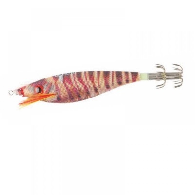 Isca de pesca em forma de lula com listras vermelhas e castanhas