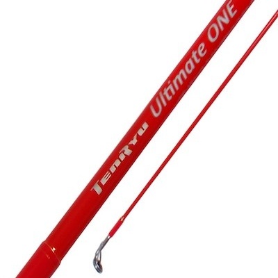 Vara de pesca vermelha com texto e guia metálico