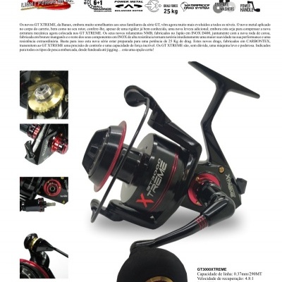 Carreto de pesca preto e vermelho GT XTREME com manivela grande e detalhes dourados