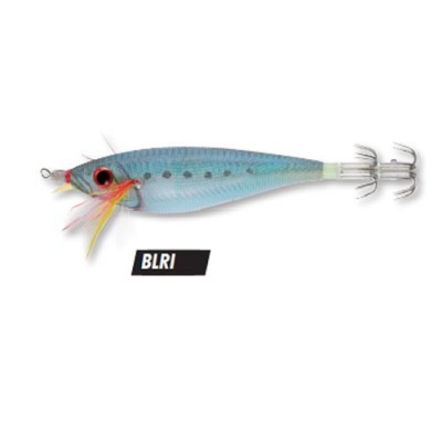 Isca de pesca azul claro com detalhes vermelhos e amarelos e anzóis duplos