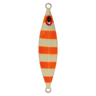 Isca de pesca metálica laranja e branca com olhos pintados e argolas nas extremidades