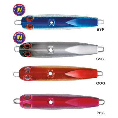 Quatro iscas de pesca metálicas com pintura UV em azul, prata, vermelho com laranja e rosa, cada uma com olhos pintados.