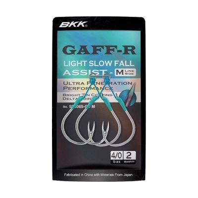 Embalagem de anzóis de pesca BKK GAFF-R com texto e 2 anzóis prateados tamanho 4/0.