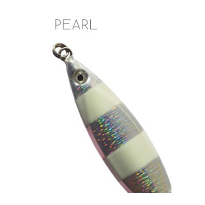 Isca de pesca metálica com faixas brancas e holográficas prateadas, anel de fixação