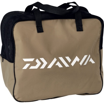 Sacola bege com alças pretas e logótipo DAIWA branco