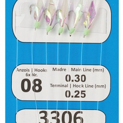 Conjunto de anzóis Sabiki com 6 ganchos, linhas e pérolas luminosas verdes em embalagem azul da marca Amorim.