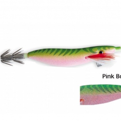 Isca de pesca rosa e verde com anzóis duplos