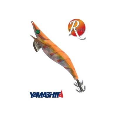 Isca de pesca em forma de lula com corpo laranja e padrões coloridos